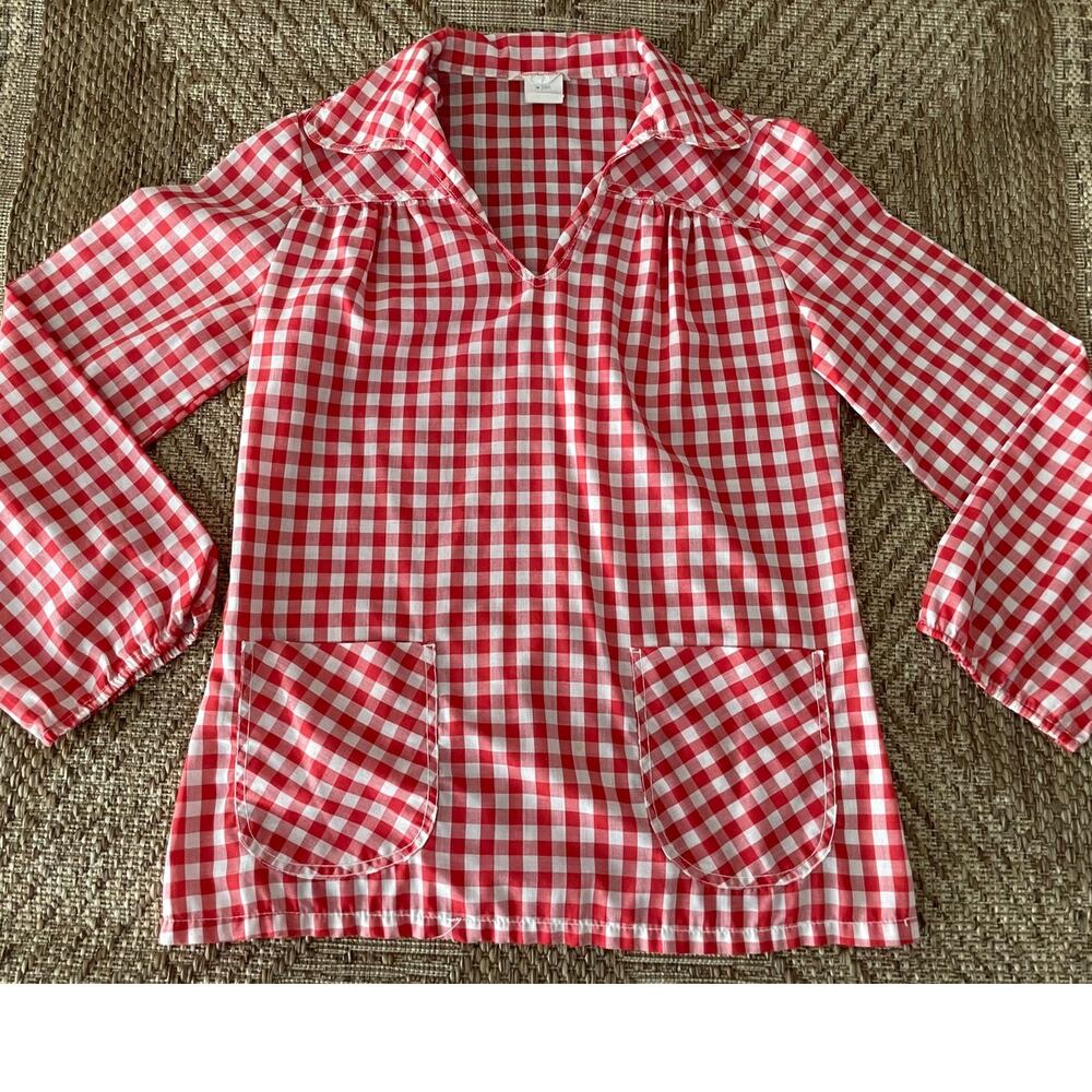 Vtg. DonnKenny Picnic Red and Cream Plaid v-Neck 70s top sz 11/12
